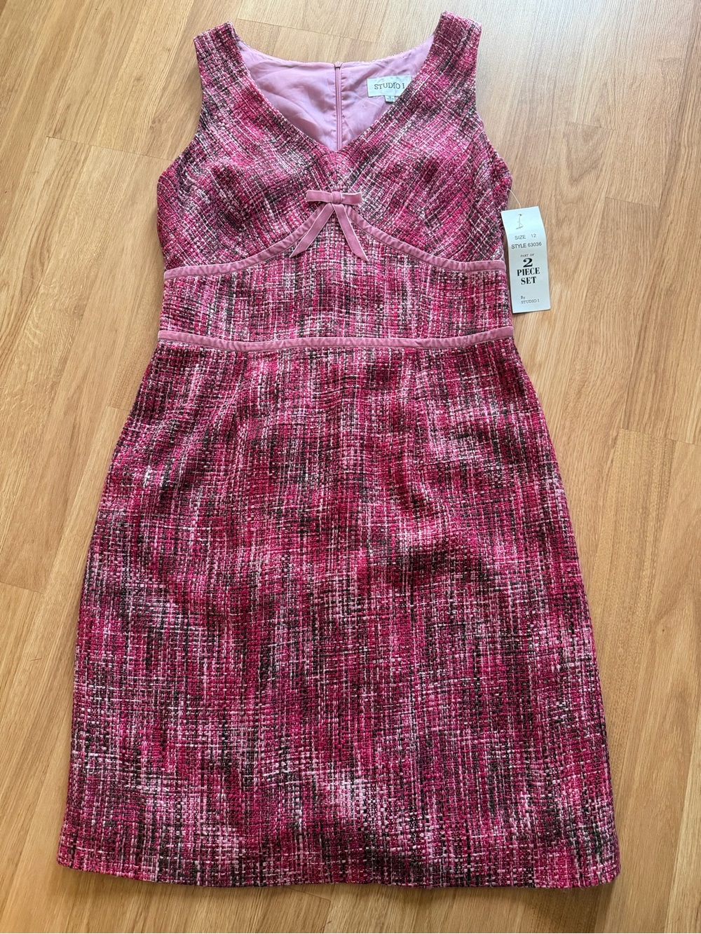 Studio I Pink Tweed Sheath Dress with Bow Detail